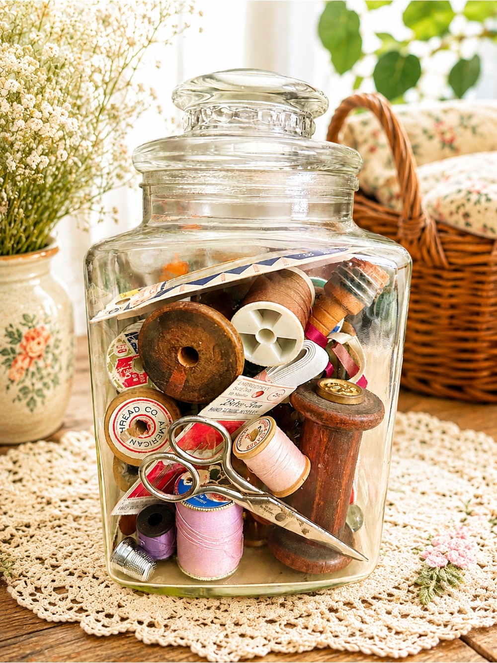 Vintage Sewing Thread Jar with Spools and Scissors - Clear Glass